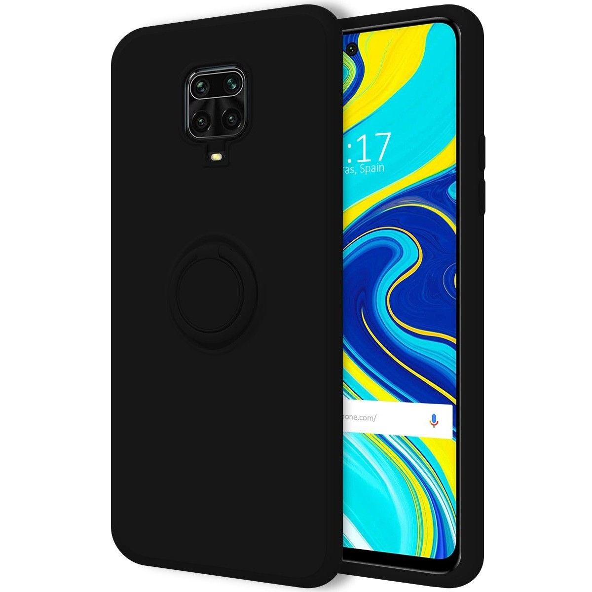Funda Silicona Líquida Ultra Suave con Anillo para Xiaomi Redmi Note 9S / Note 9 Pro color Negra