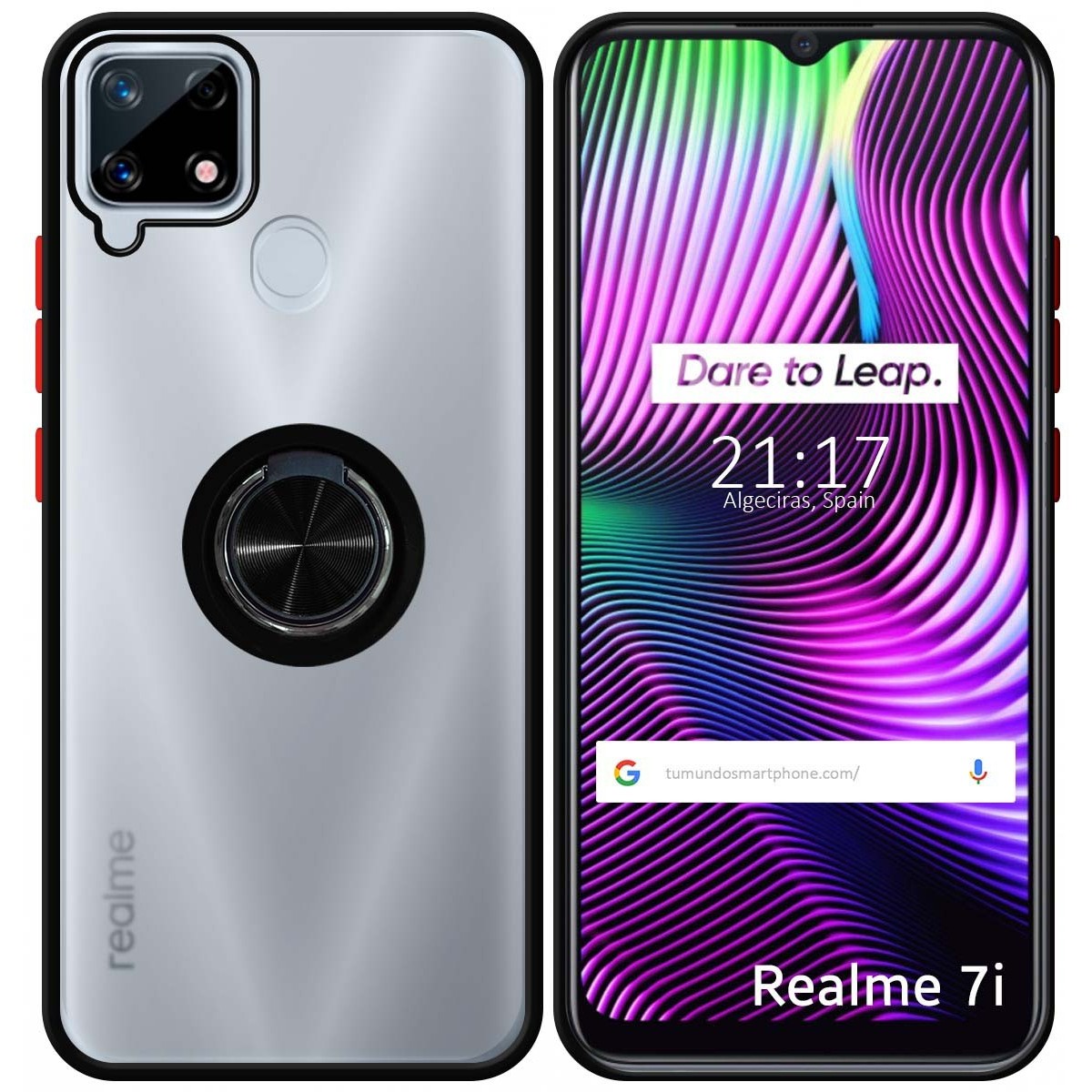 Funda Mate con Borde Negro y Anillo Giratorio 360 para Realme 7i / Narzo 30A