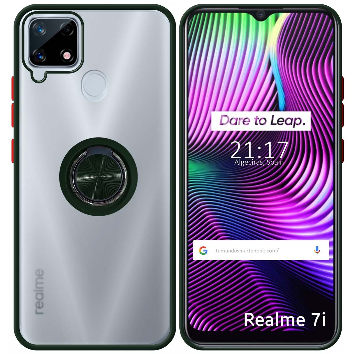 Funda Mate con Borde Verde y Anillo Giratorio 360 para Realme 7i / Narzo 30A