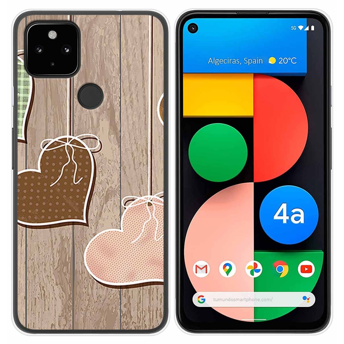 Funda Gel Tpu para Google Pixel 4a diseño Corazones Madera Dibujos
