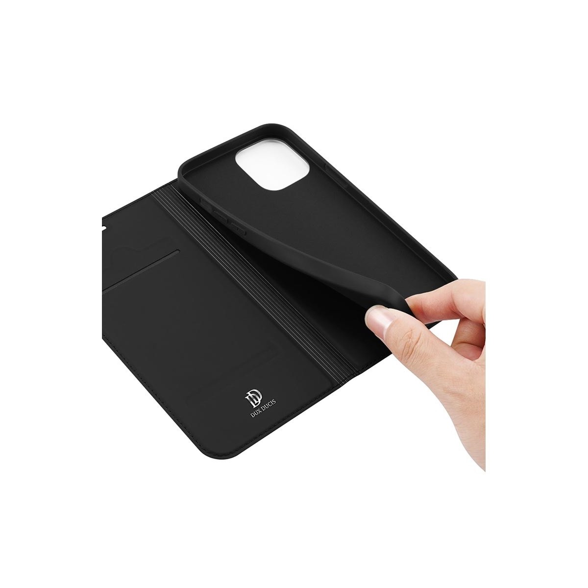 Funda Piel Soporte Magnética Dux Ducis para Iphone 12 Pro Max (6.7) color Negra