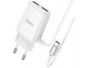 Cargador de Red Hoco. con Clable y Conector Dual USB 2,4A Tipo C color Blanco