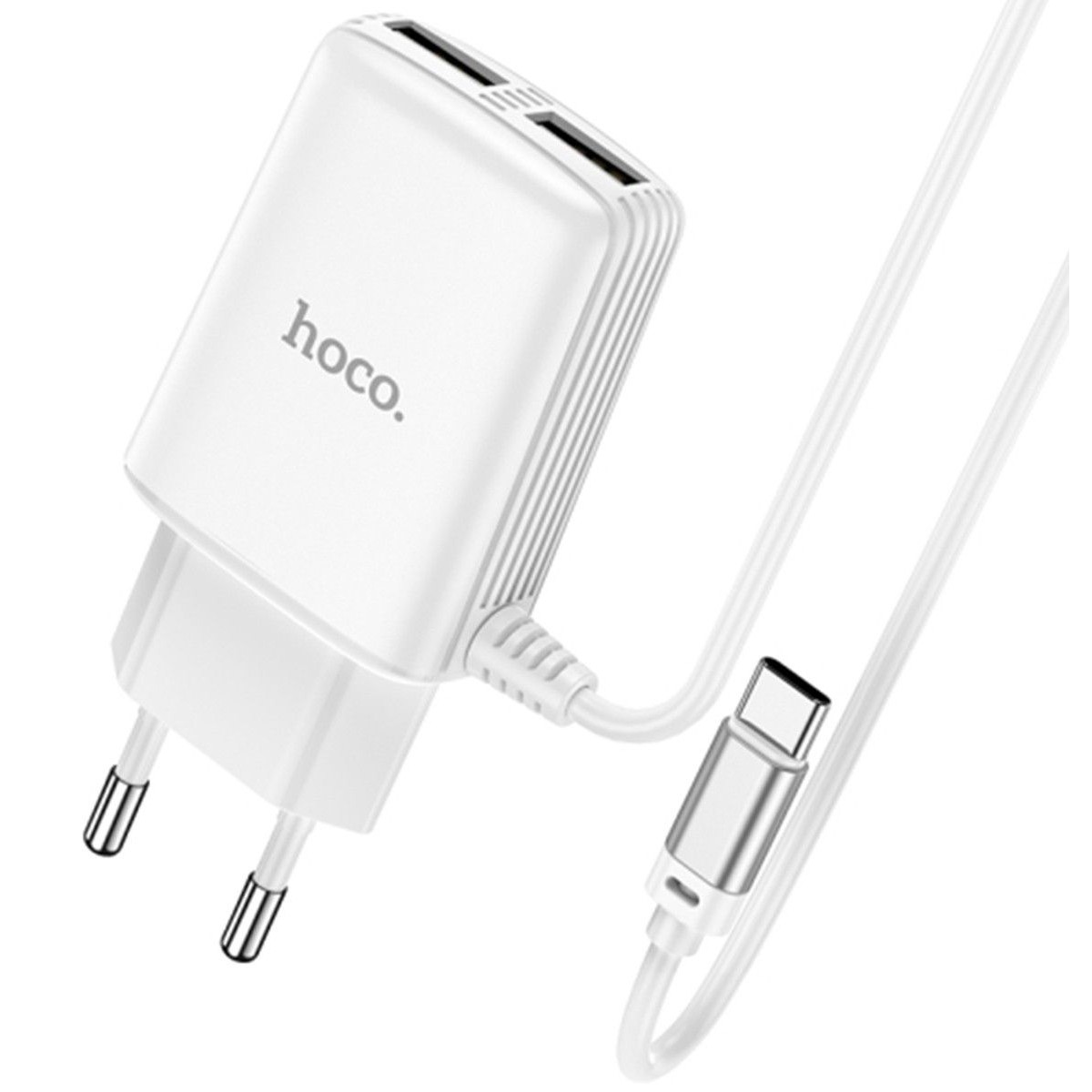 Cargador de Red Hoco. con Clable y Conector Dual USB 2,4A Tipo C color Blanco