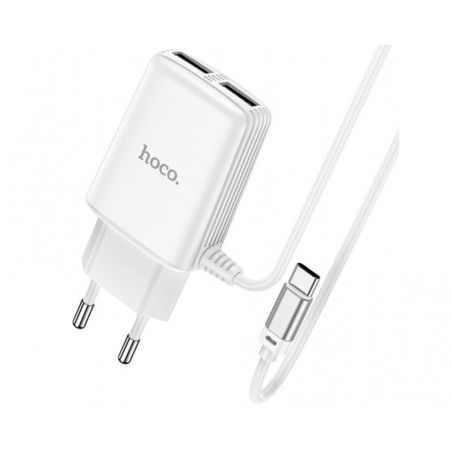 Cargador de Red Hoco. con Clable y Conector Dual USB 2,4A Tipo C color Blanco