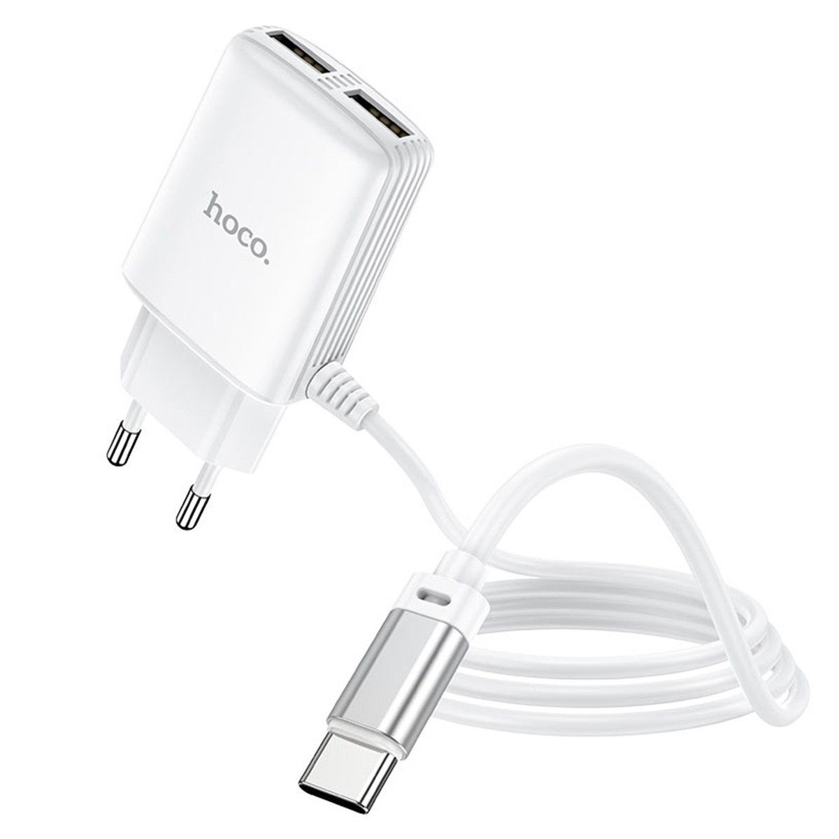 Cargador de Red Hoco. con Clable y Conector Dual USB 2,4A Tipo C color Blanco