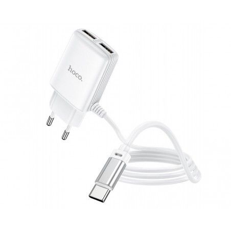 Cargador de Red Hoco. con Clable y Conector Dual USB 2,4A Tipo C color Blanco