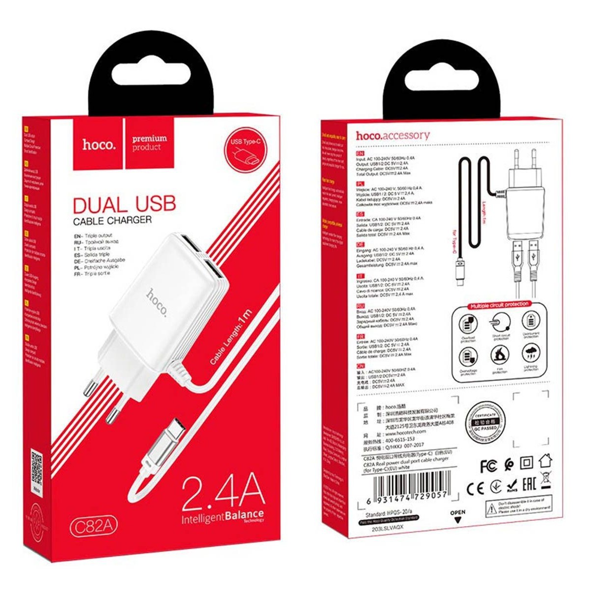 Cargador de Red Hoco. con Clable y Conector Dual USB 2,4A Tipo C color Blanco