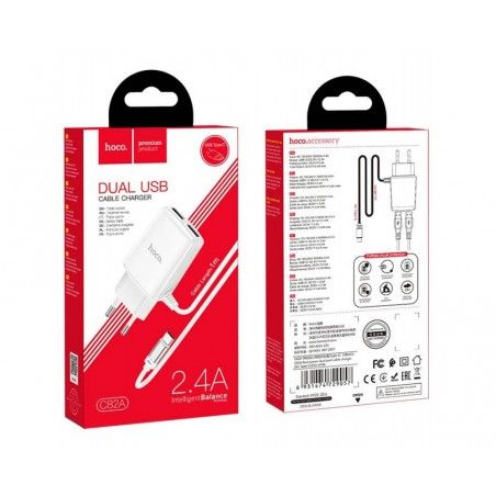 Cargador de Red Hoco. con Clable y Conector Dual USB 2,4A Tipo C color Blanco