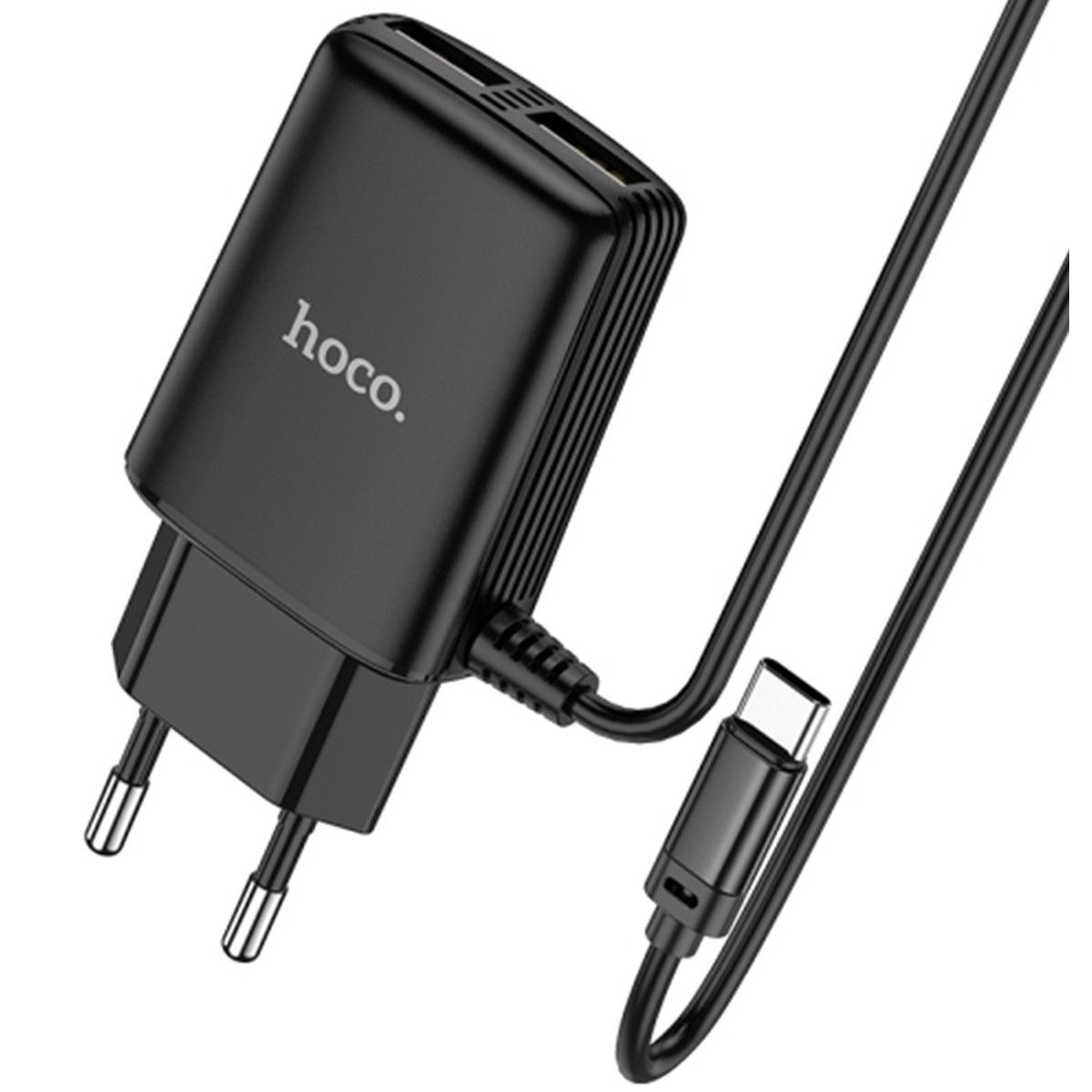 Cargador de Red Hoco. con Clable y Conector Dual USB 2,4A Tipo C color Negro