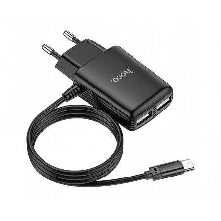 Cargador de Red Hoco. con Clable y Conector Dual USB 2,4A Tipo C color Negro