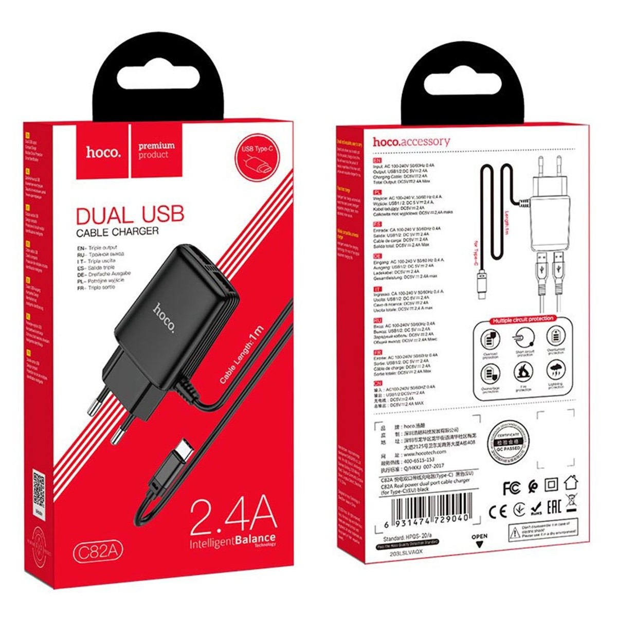Cargador de Red Hoco. con Clable y Conector Dual USB 2,4A Tipo C color Negro