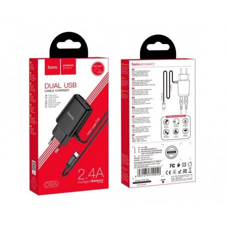 Cargador de Red Hoco. con Clable y Conector Dual USB 2,4A Tipo C color Negro