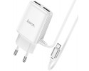 Cargador de Red Hoco. con Clable y Conector Dual USB 2,4A Micro USB color Blanco