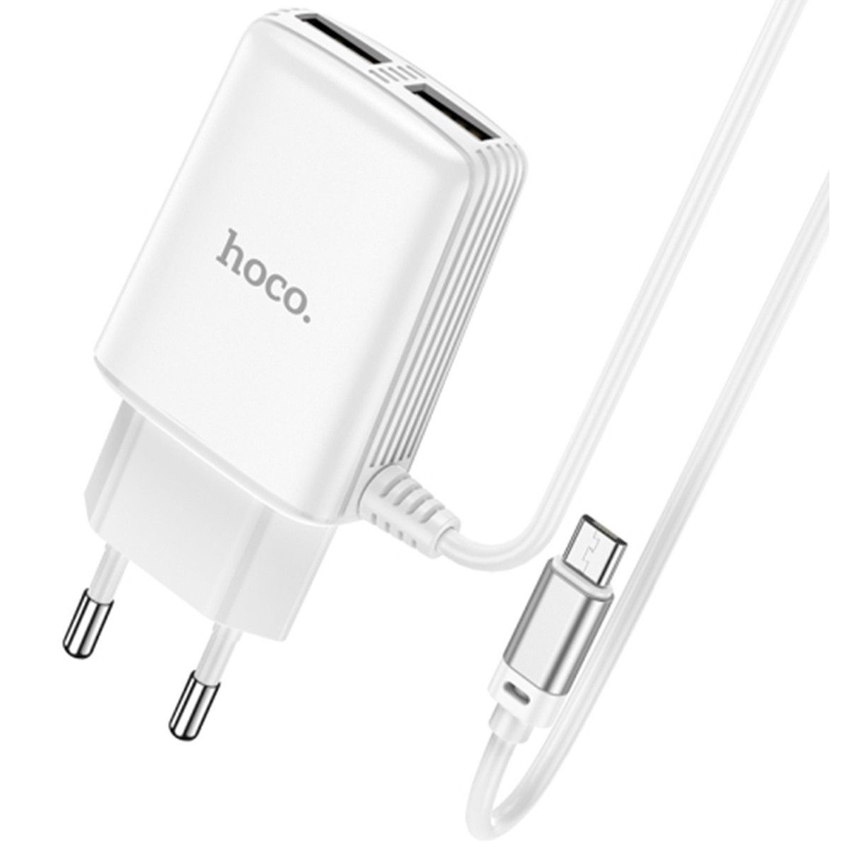 Cargador de Red Hoco. con Clable y Conector Dual USB 2,4A Micro USB color Blanco