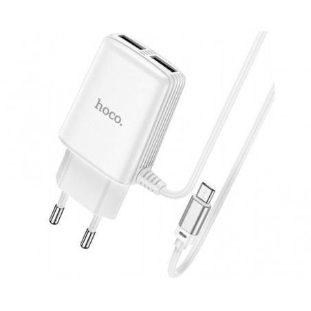 Cargador de Red Hoco. con Clable y Conector Dual USB 2,4A Micro USB color Blanco