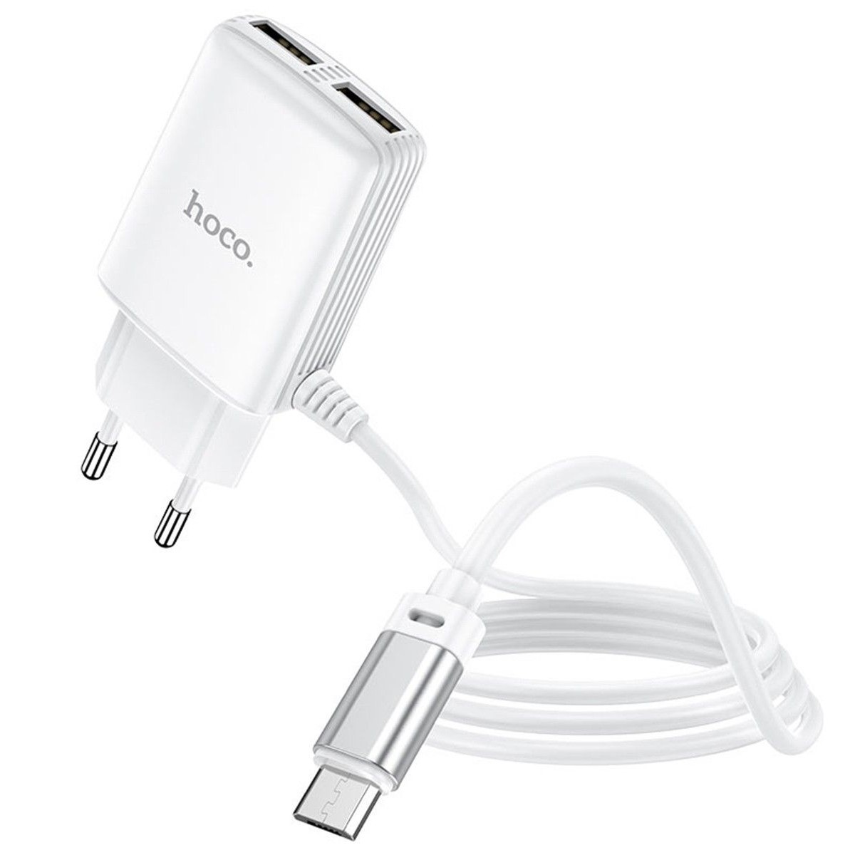 Cargador de Red Hoco. con Clable y Conector Dual USB 2,4A Micro USB color Blanco