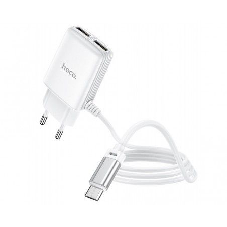Cargador de Red Hoco. con Clable y Conector Dual USB 2,4A Micro USB color Blanco