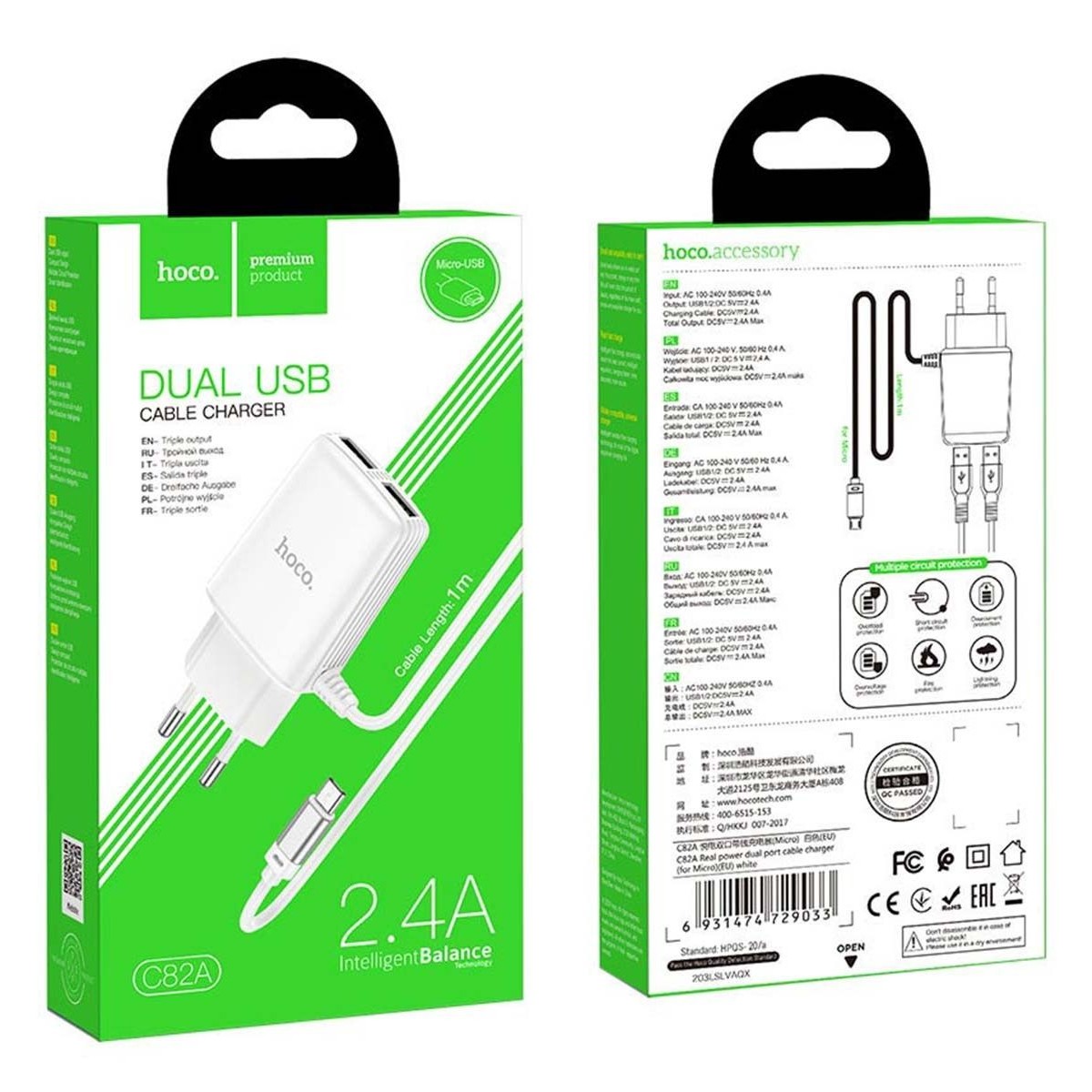 Cargador de Red Hoco. con Clable y Conector Dual USB 2,4A Micro USB color Blanco