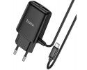 Cargador de Red Hoco. con Clable y Conector Dual USB 2,4A Micro USB color Negro