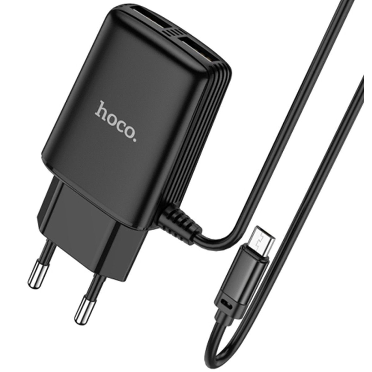 Cargador de Red Hoco. con Clable y Conector Dual USB 2,4A Micro USB color Negro