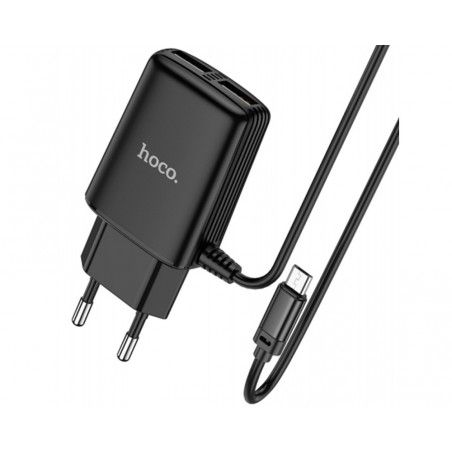 Cargador de Red Hoco. con Clable y Conector Dual USB 2,4A Micro USB color Negro
