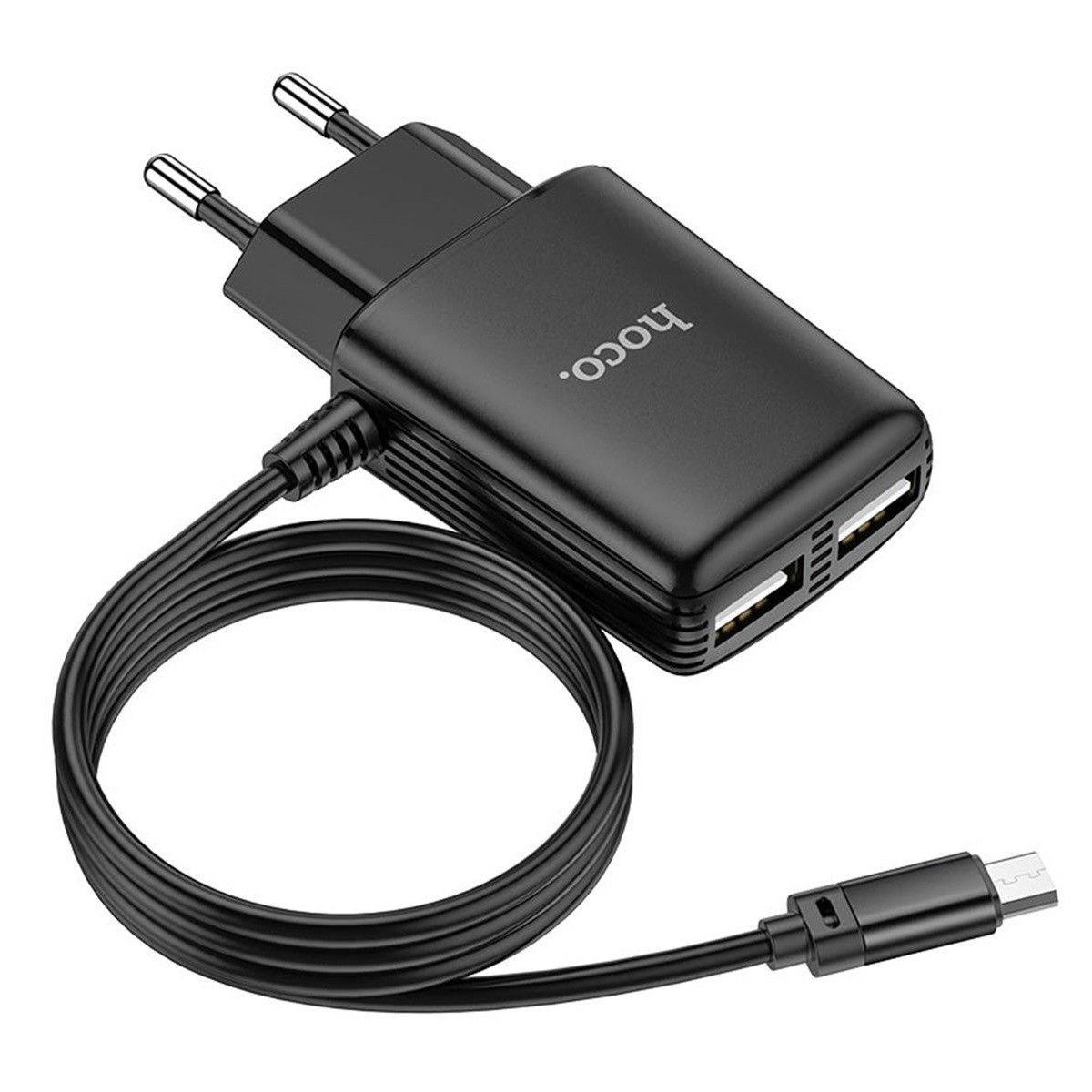 Cargador de Red Hoco. con Clable y Conector Dual USB 2,4A Micro USB color Negro