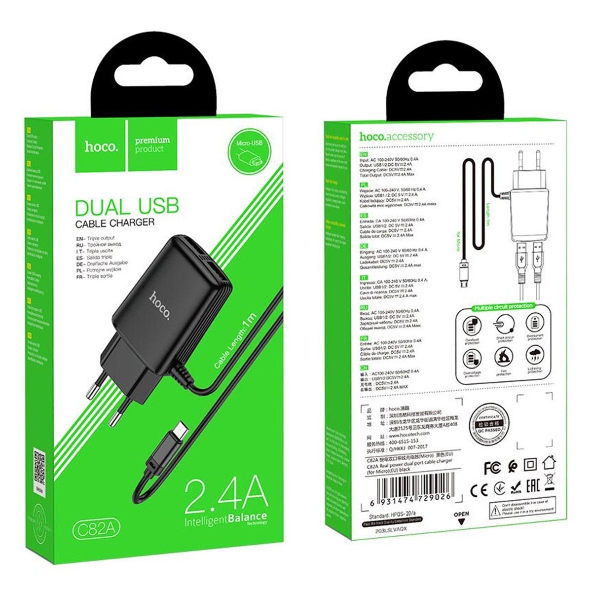 Cargador de Red Hoco. con Clable y Conector Dual USB 2,4A Micro USB color Negro