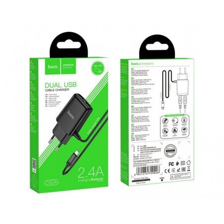 Cargador de Red Hoco. con Clable y Conector Dual USB 2,4A Micro USB color Negro
