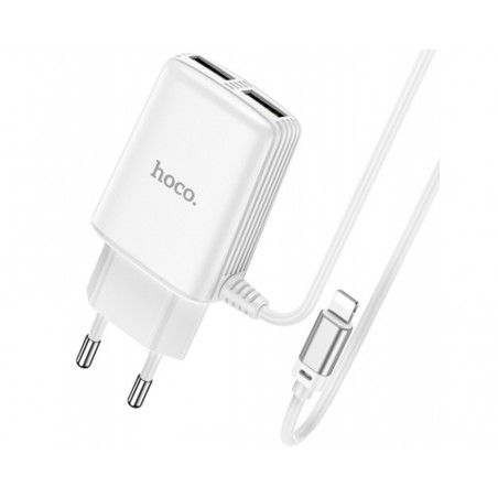 Cargador de Red Hoco. con Clable y Conector Dual USB 2,4A Lightning color Blanco