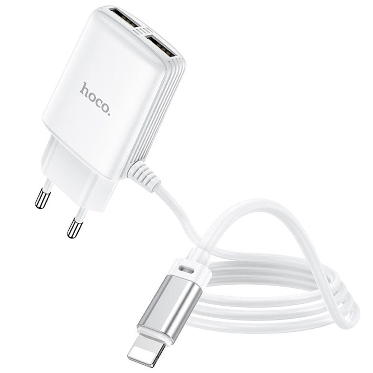 Cargador de Red Hoco. con Clable y Conector Dual USB 2,4A Lightning color Blanco