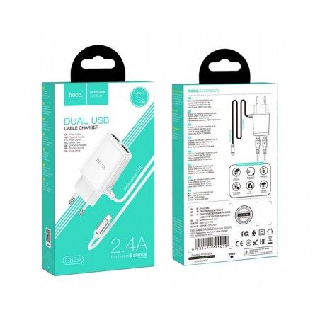 Cargador de Red Hoco. con Clable y Conector Dual USB 2,4A Lightning color Blanco