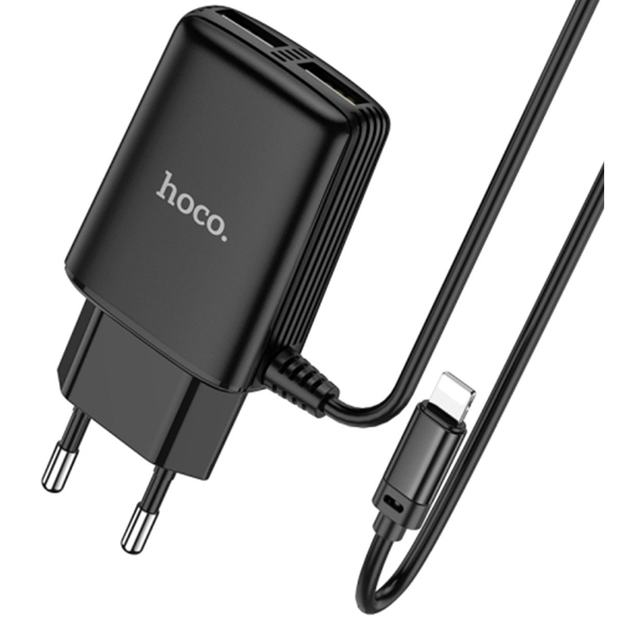 Cargador de Red Hoco. con Clable y Conector Dual USB 2,4A Lightning color Negro