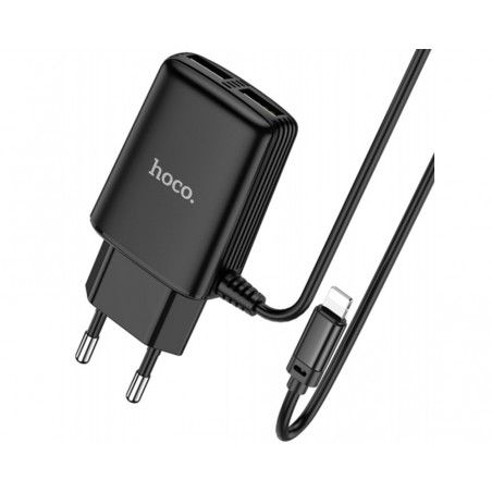 Cargador de Red Hoco. con Clable y Conector Dual USB 2,4A Lightning color Negro