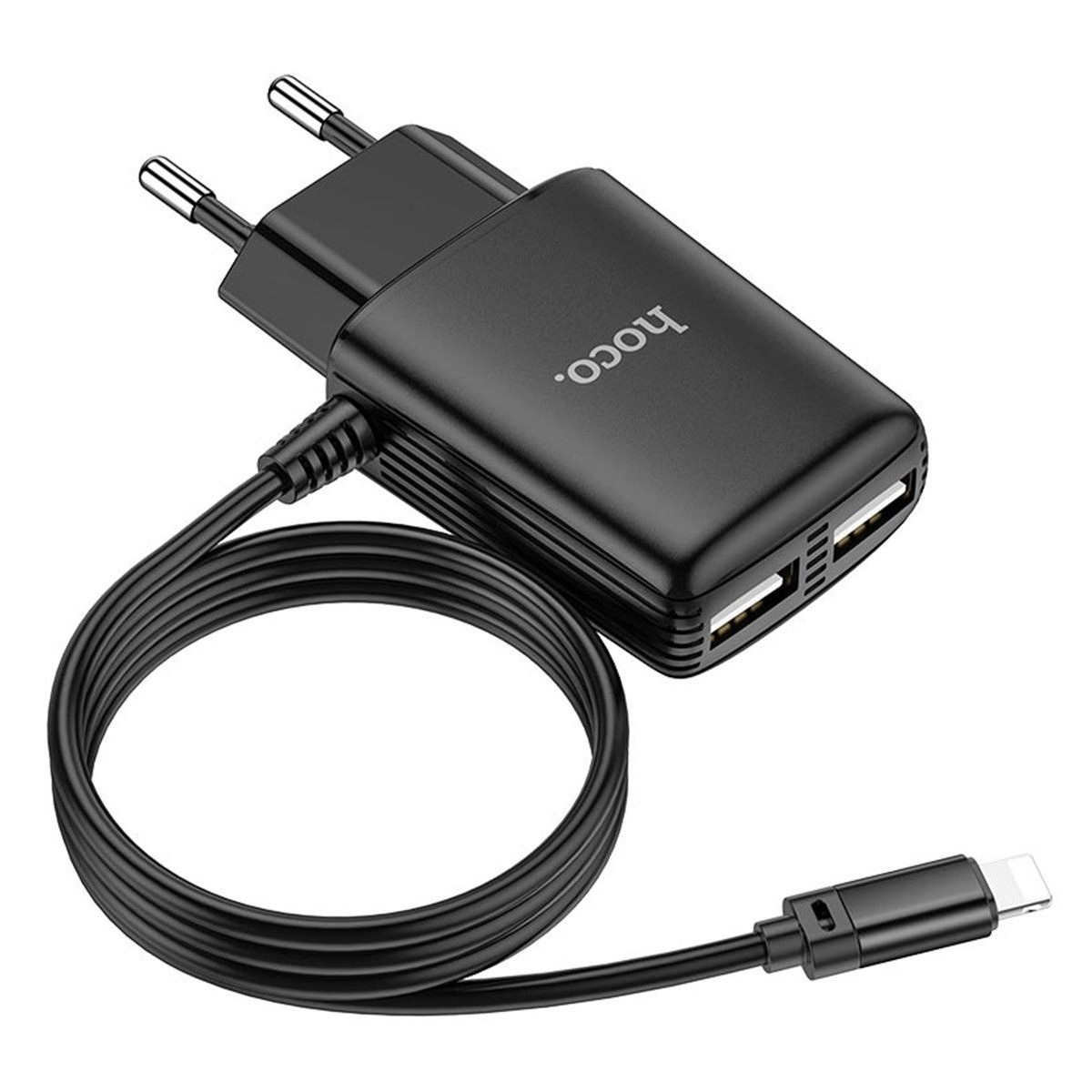 Cargador de Red Hoco. con Clable y Conector Dual USB 2,4A Lightning color Negro