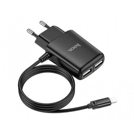 Cargador de Red Hoco. con Clable y Conector Dual USB 2,4A Lightning color Negro