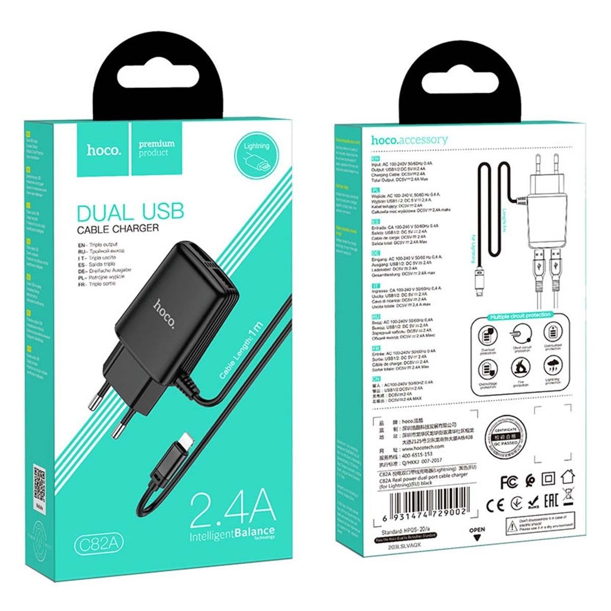 Cargador de Red Hoco. con Clable y Conector Dual USB 2,4A Lightning color Negro