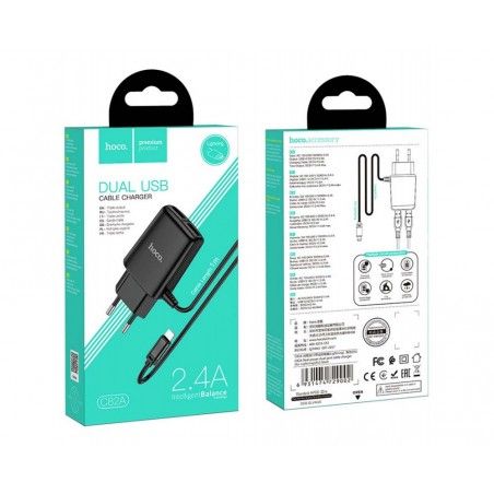 Cargador de Red Hoco. con Clable y Conector Dual USB 2,4A Lightning color Negro