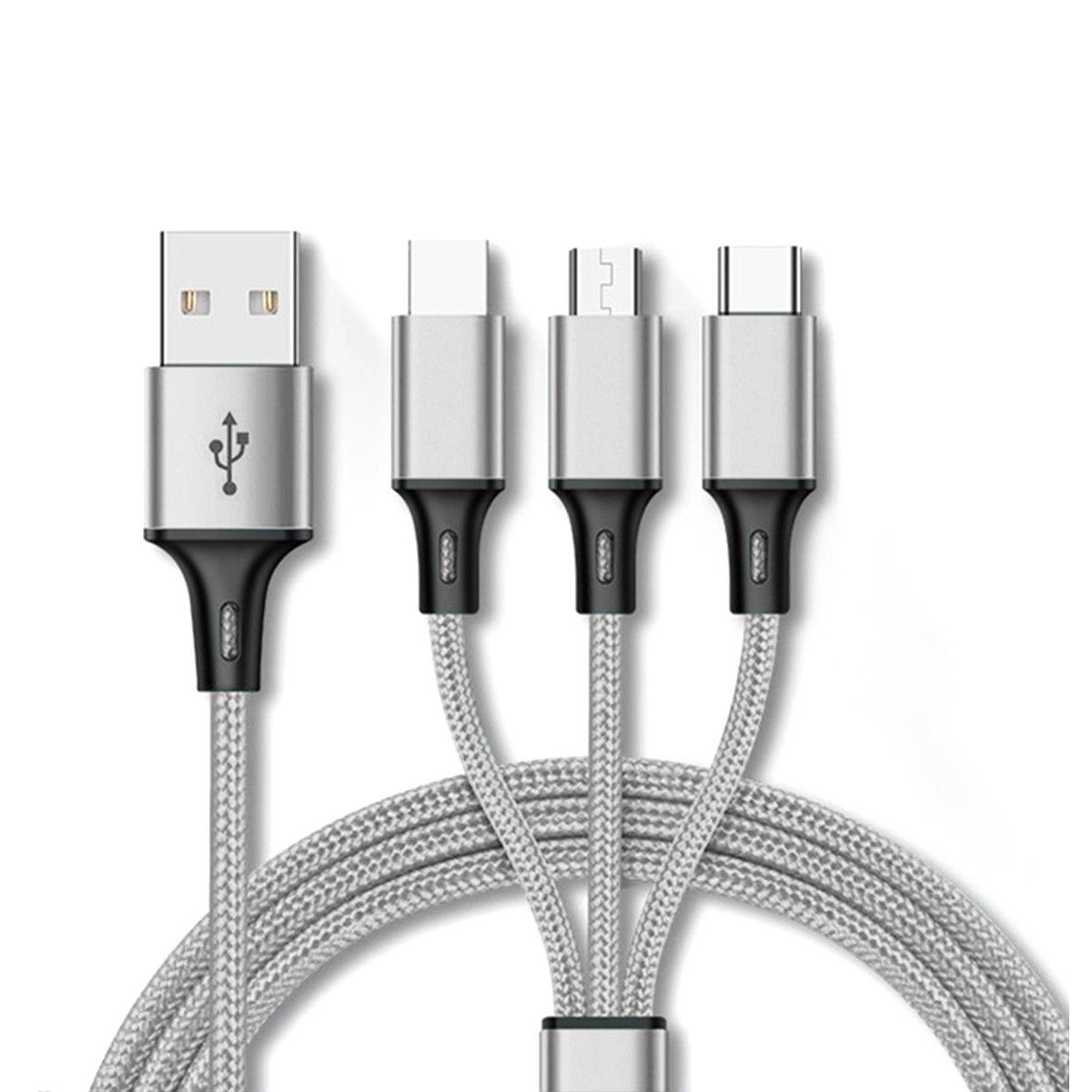Cable de Carga y Datos con 3 conectores 3 en 1 color Plata