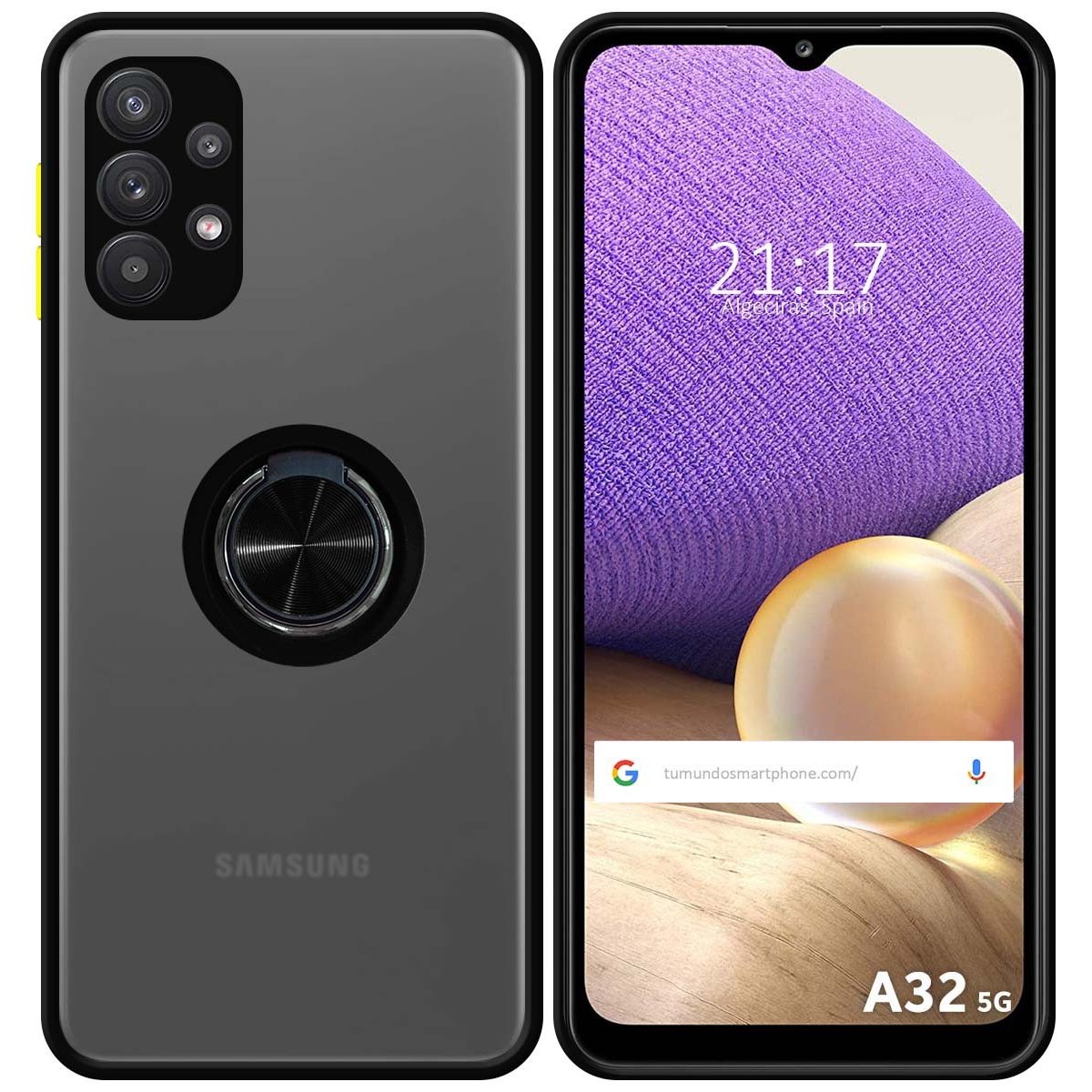 Funda Mate con Borde Negro y Anillo Giratorio 360 para Samsung Galaxy A32 5G