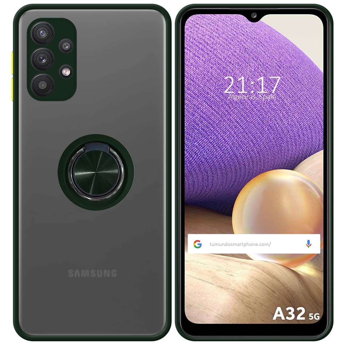Funda Mate con Borde Verde y Anillo Giratorio 360 para Samsung Galaxy A32 5G