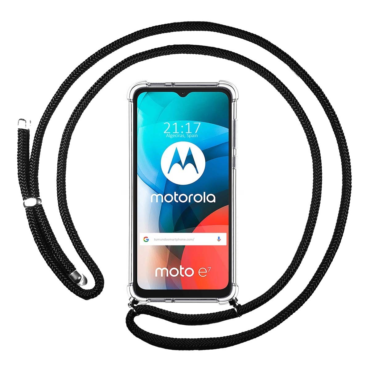 Funda Colgante Transparente para Motorola Moto E7 con Cordon Negro