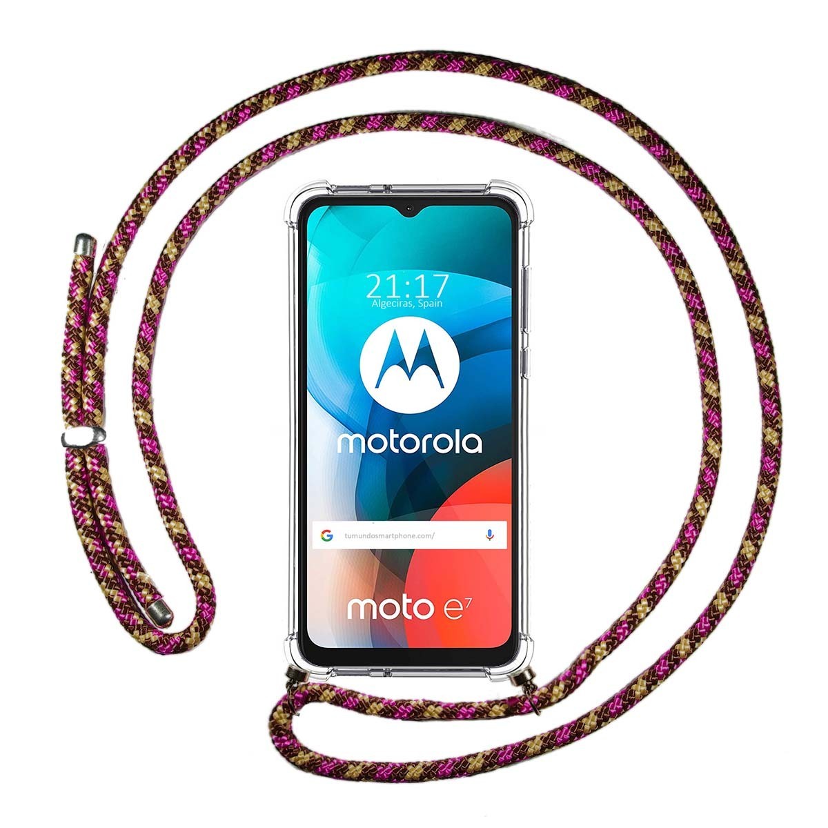 Funda Colgante Transparente para Motorola Moto E7 con Cordon Rosa / Dorado
