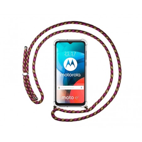 Funda Colgante Transparente para Motorola Moto E7 con Cordon Rosa / Dorado