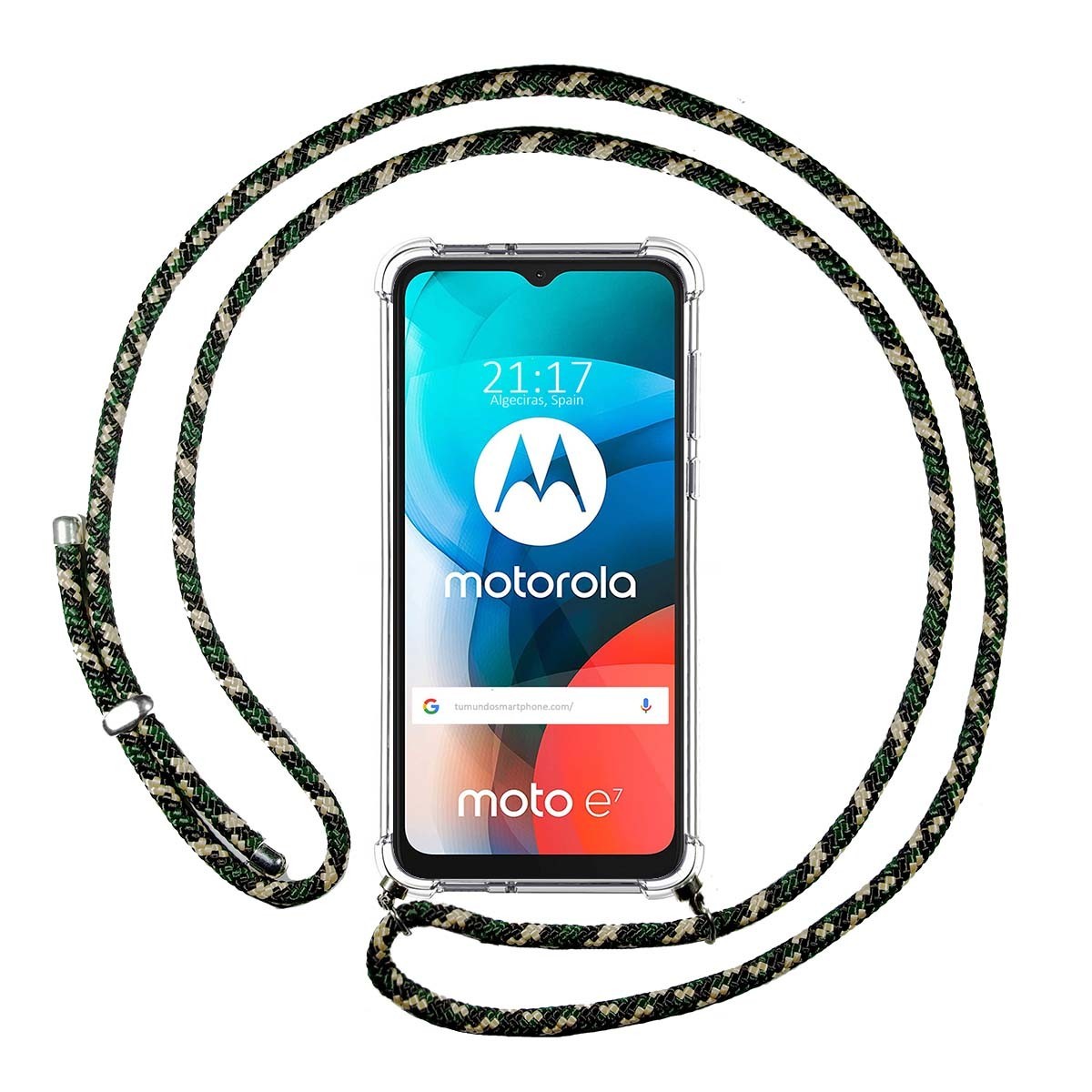 Funda Colgante Transparente para Motorola Moto E7 con Cordon Verde / Dorado