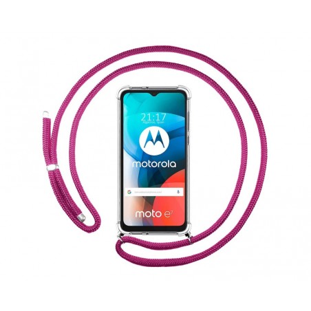 Funda Colgante Transparente para Motorola Moto E7 con Cordon Rosa Fucsia