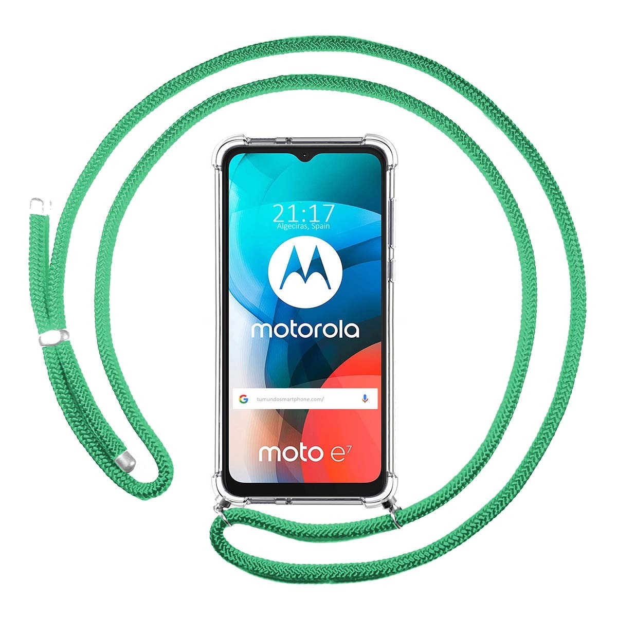 Funda Colgante Transparente para Motorola Moto E7 con Cordon Verde Agua