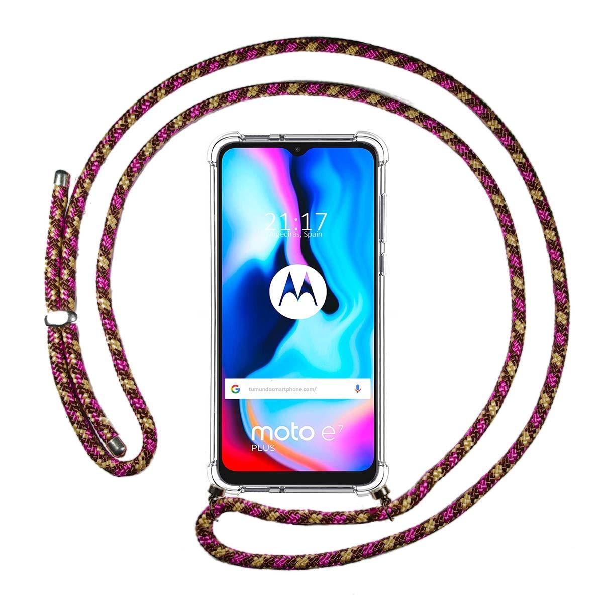 Funda Colgante Transparente para Motorola Moto G9 Power con Cordon Rosa / Dorado