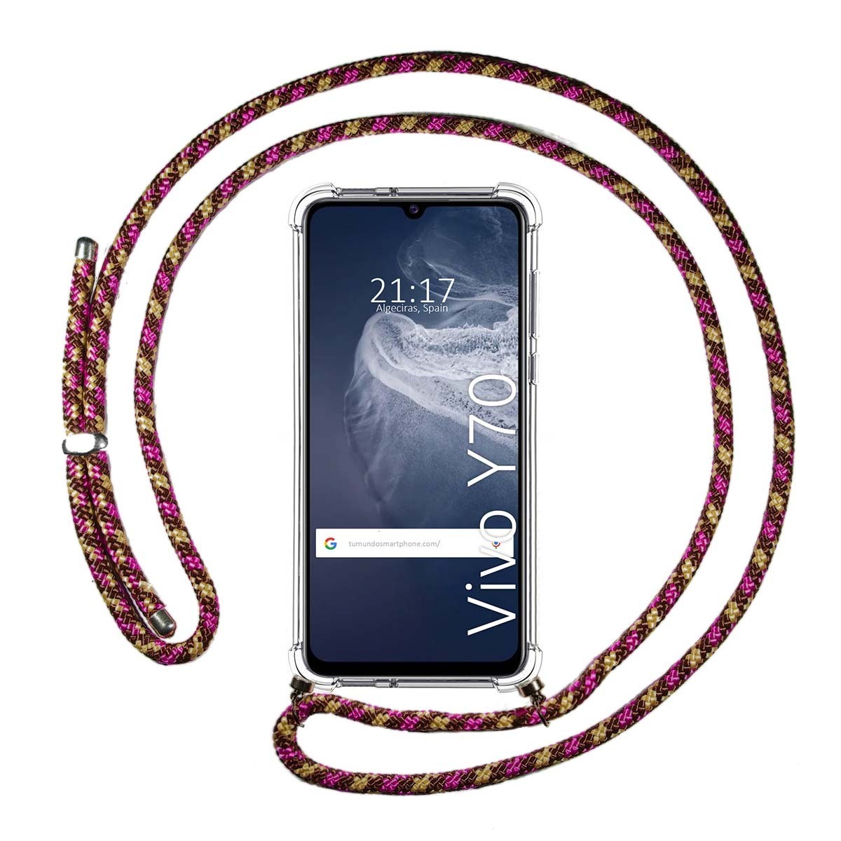 Funda Colgante Transparente para Vivo Y70 con Cordon Rosa / Dorado