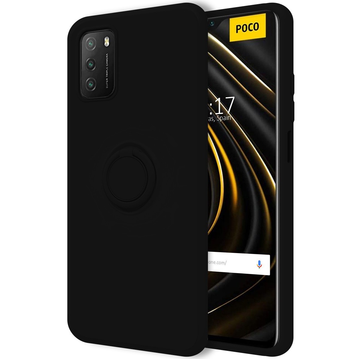 Funda Silicona Líquida Ultra Suave con Anillo para Xiaomi POCO M3 / Redmi 9T color Negro