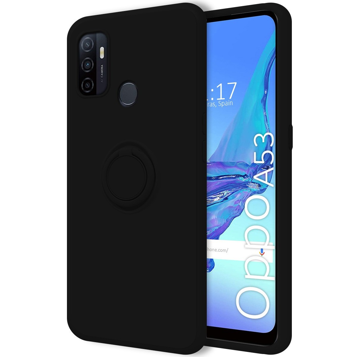Funda Silicona Líquida Ultra Suave con Anillo para Oppo A53 / A53s color Negro